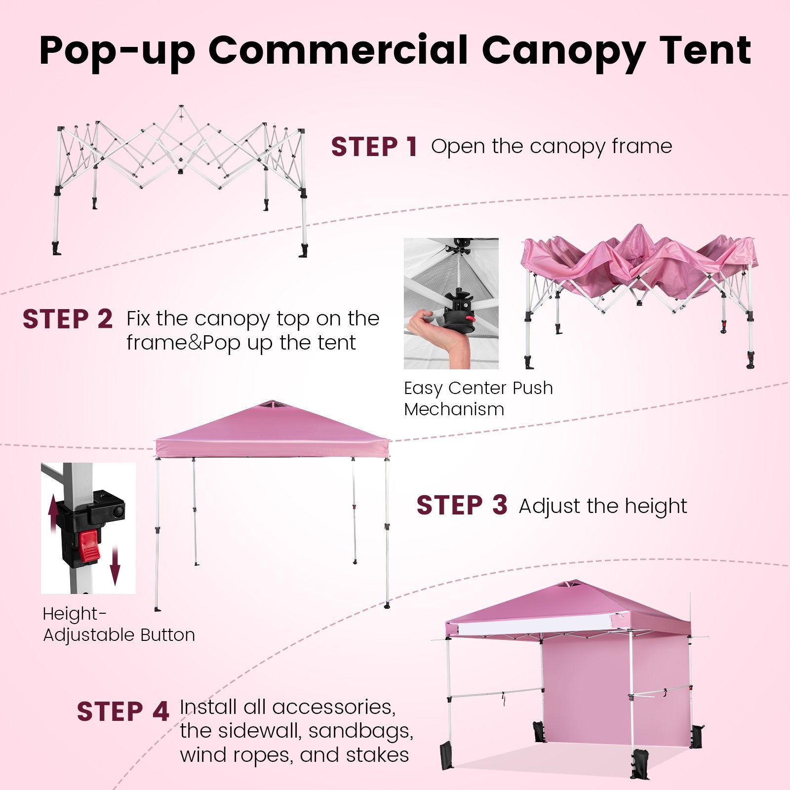 10 x 10 Feet Foldable Commercial Pop-up Canopy with Roller Bag and Banner Strip, Pink Canopies   at Gallery Canada