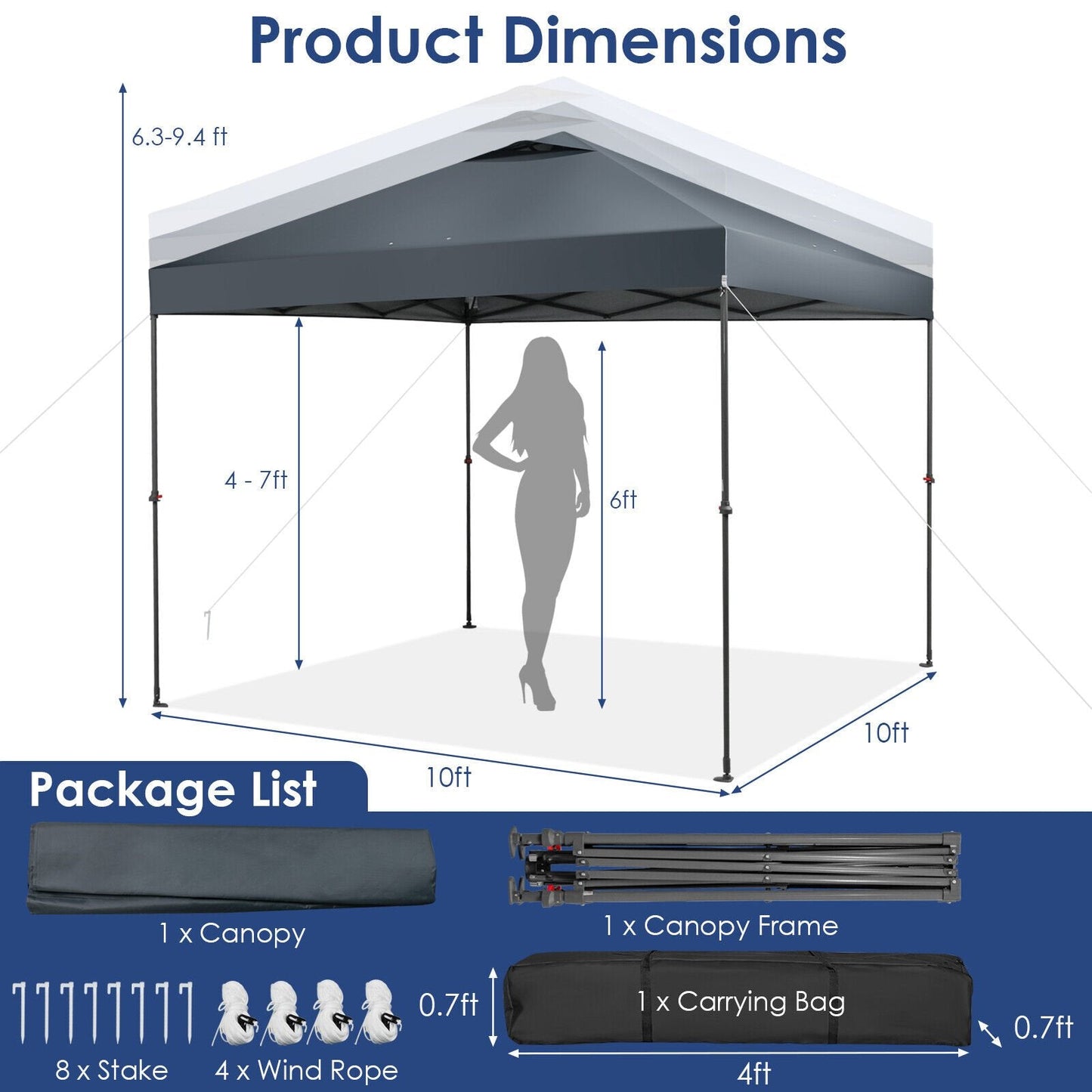 10 x 10 Feet Foldable Outdoor Instant Pop-up Canopy with Carry Bag, Gray Canopies   at Gallery Canada