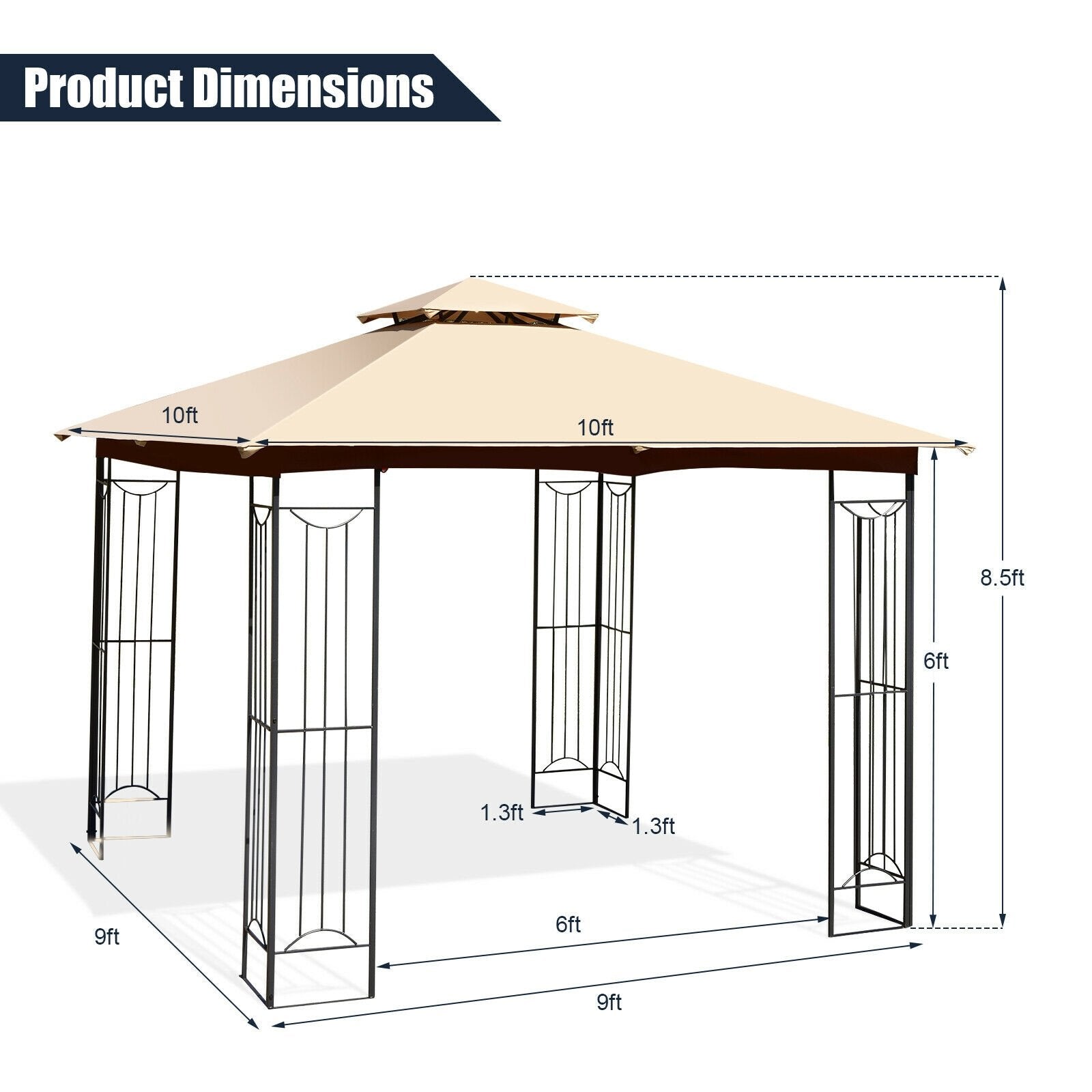 10 x 10 Feet L-Shaped Patio Canopy Gazebo Outdoor 2-Tier Steel Tent, Beige Gazebos   at Gallery Canada