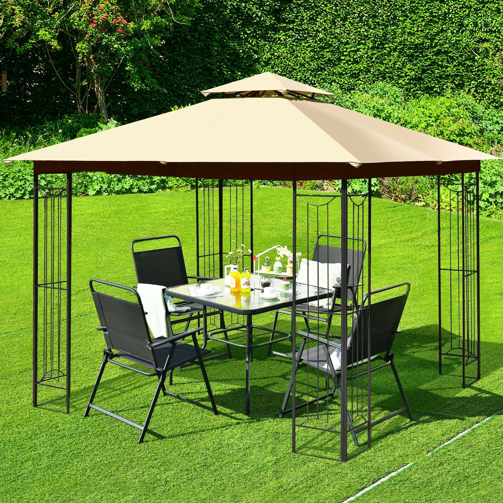 10 x 10 Feet L-Shaped Patio Canopy Gazebo Outdoor 2-Tier Steel Tent, Beige Gazebos   at Gallery Canada