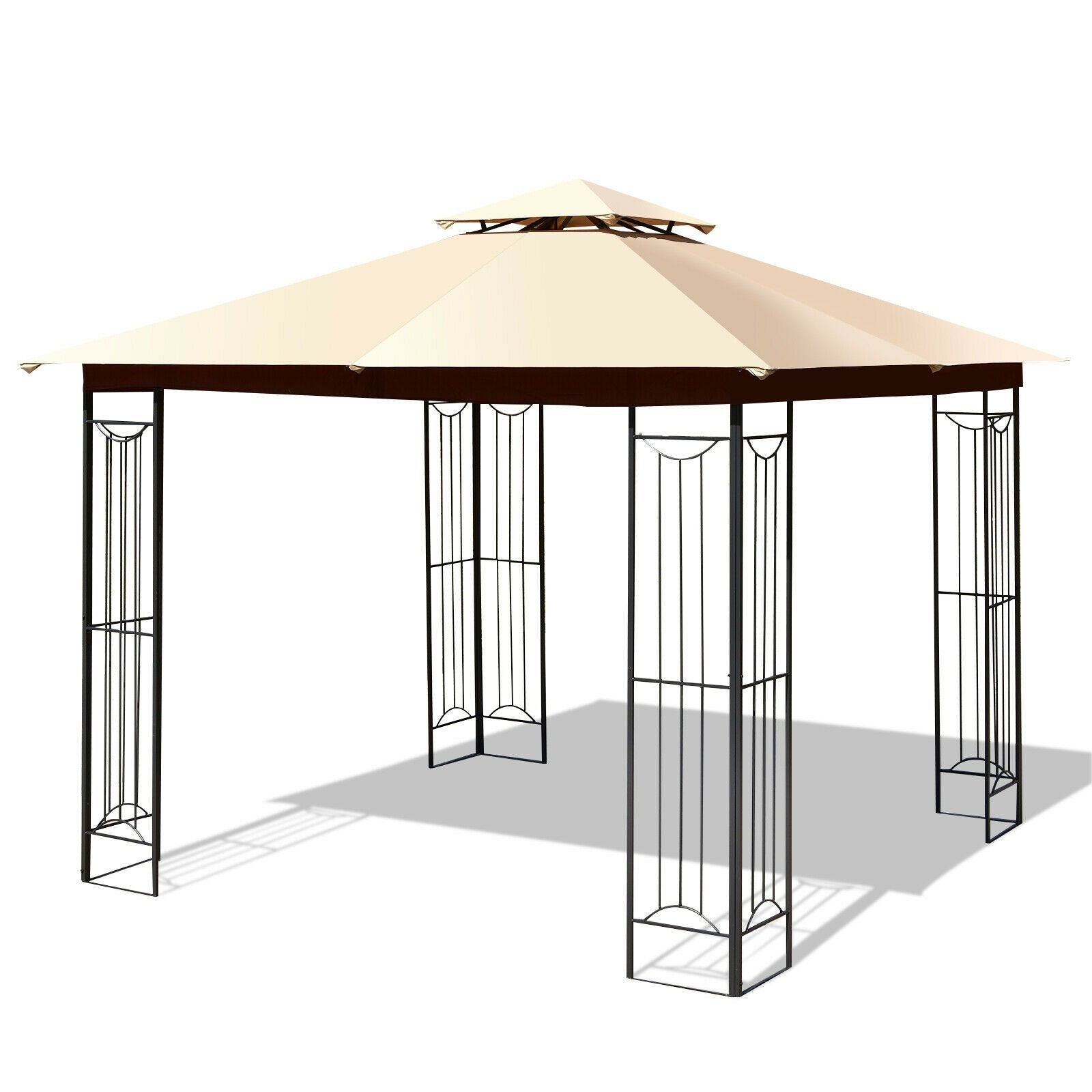 10 x 10 Feet L-Shaped Patio Canopy Gazebo Outdoor 2-Tier Steel Tent, Beige Gazebos   at Gallery Canada