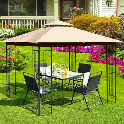 10 x 10 Feet L-Shaped Patio Canopy Gazebo Outdoor 2-Tier Steel Tent, Beige Gazebos   at Gallery Canada