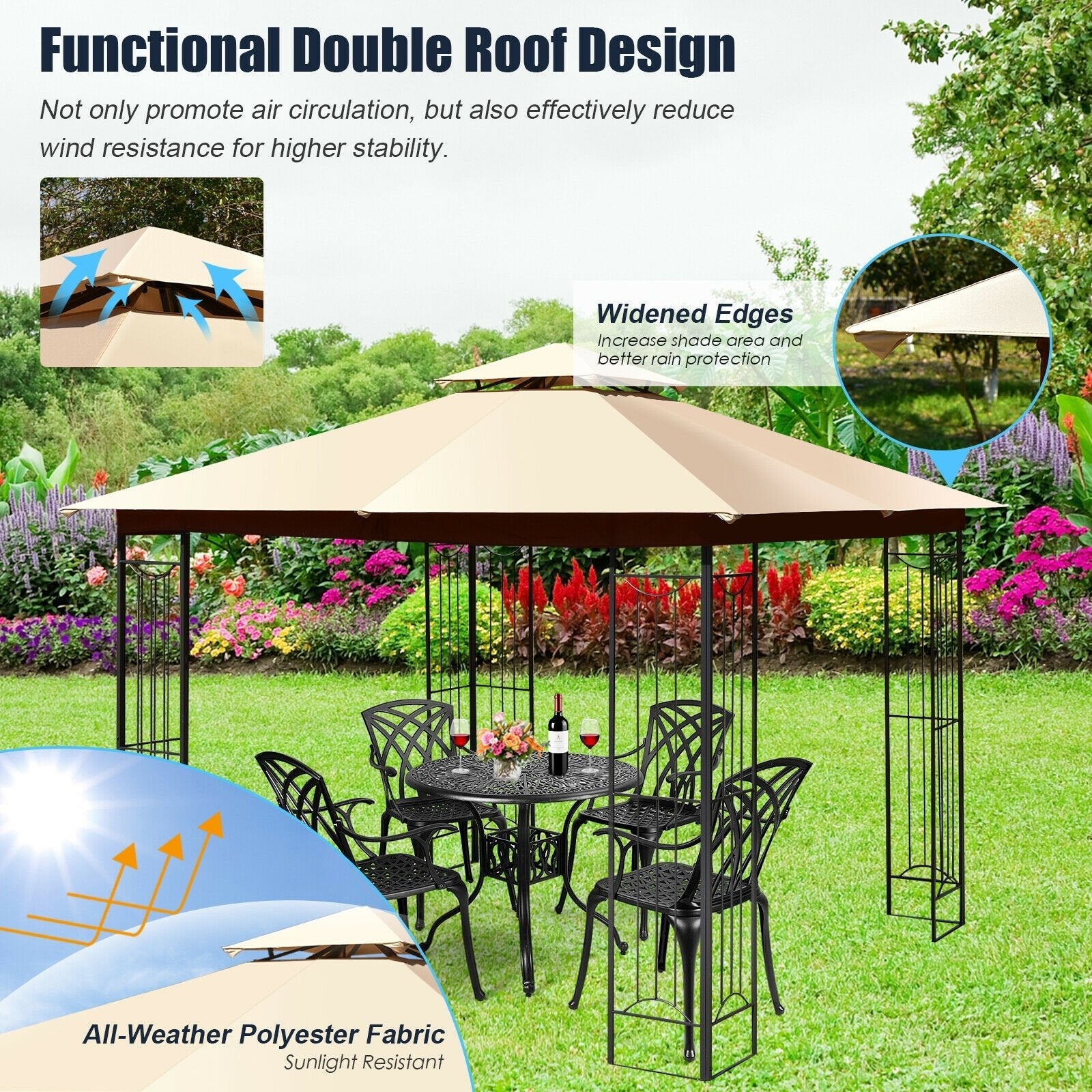 10 x 10 Feet L-Shaped Patio Canopy Gazebo Outdoor 2-Tier Steel Tent, Beige Gazebos   at Gallery Canada