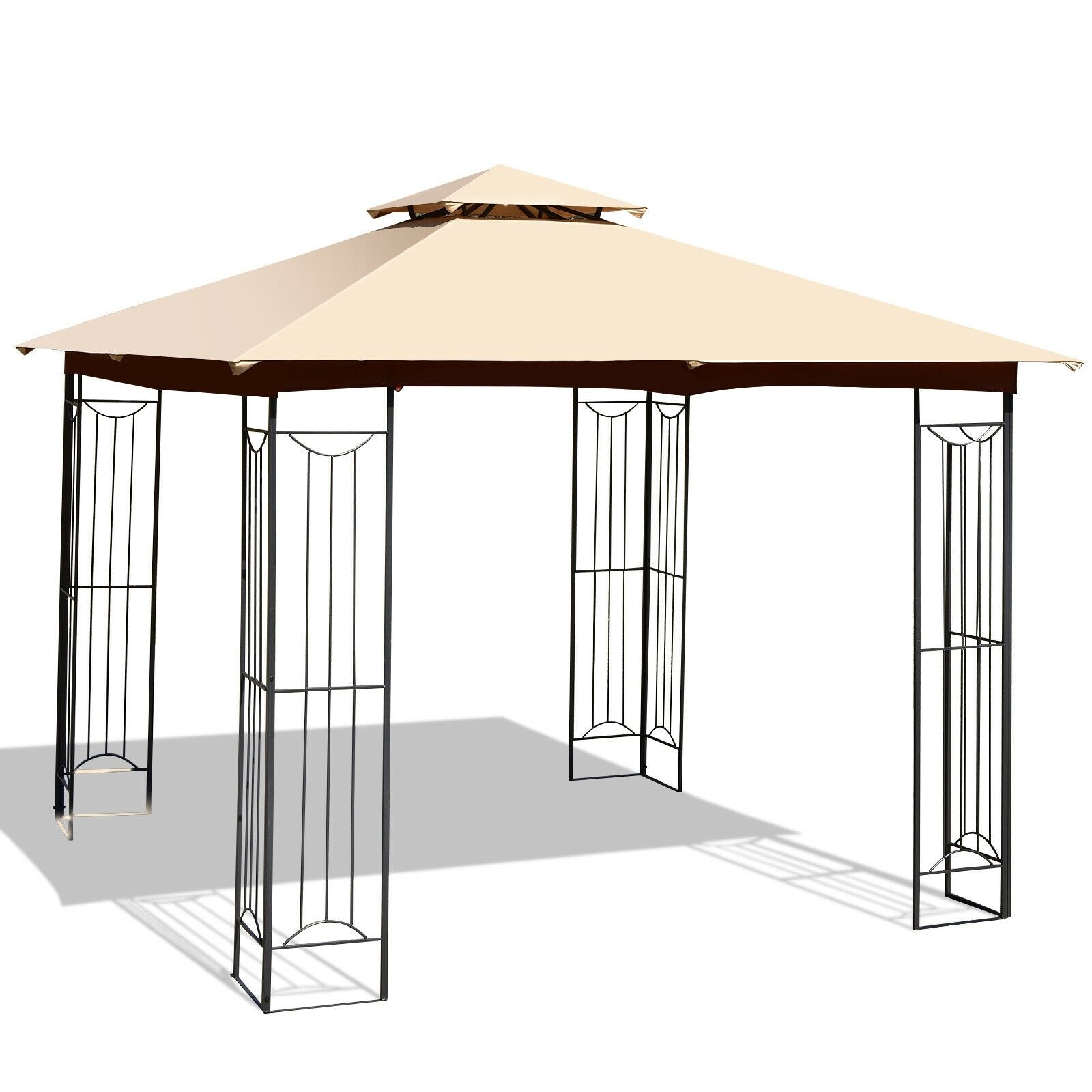 10 x 10 Feet L-Shaped Patio Canopy Gazebo Outdoor 2-Tier Steel Tent, Beige Gazebos   at Gallery Canada