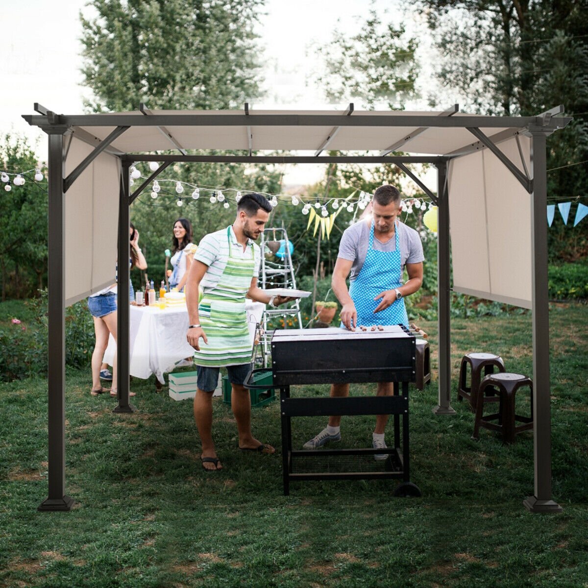 10 x 10 Feet Metal Frame Patio Furniture Shelter, Beige Gazebos   at Gallery Canada