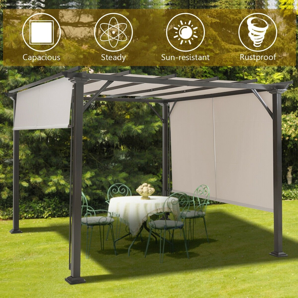 10 x 10 Feet Metal Frame Patio Furniture Shelter, Beige Gazebos   at Gallery Canada