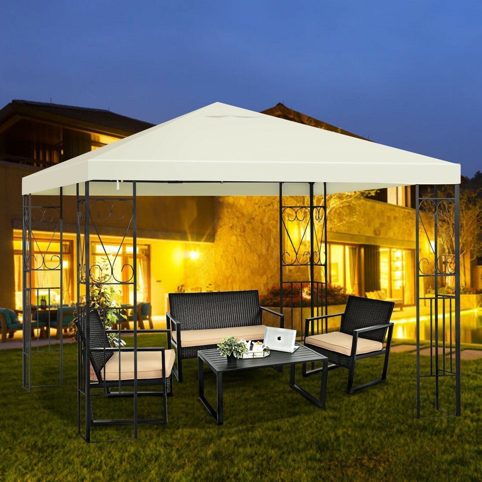 10 x 10 Feet Patio Gazebo Canopy Tent Garden Shelter, Beige Gazebos   at Gallery Canada