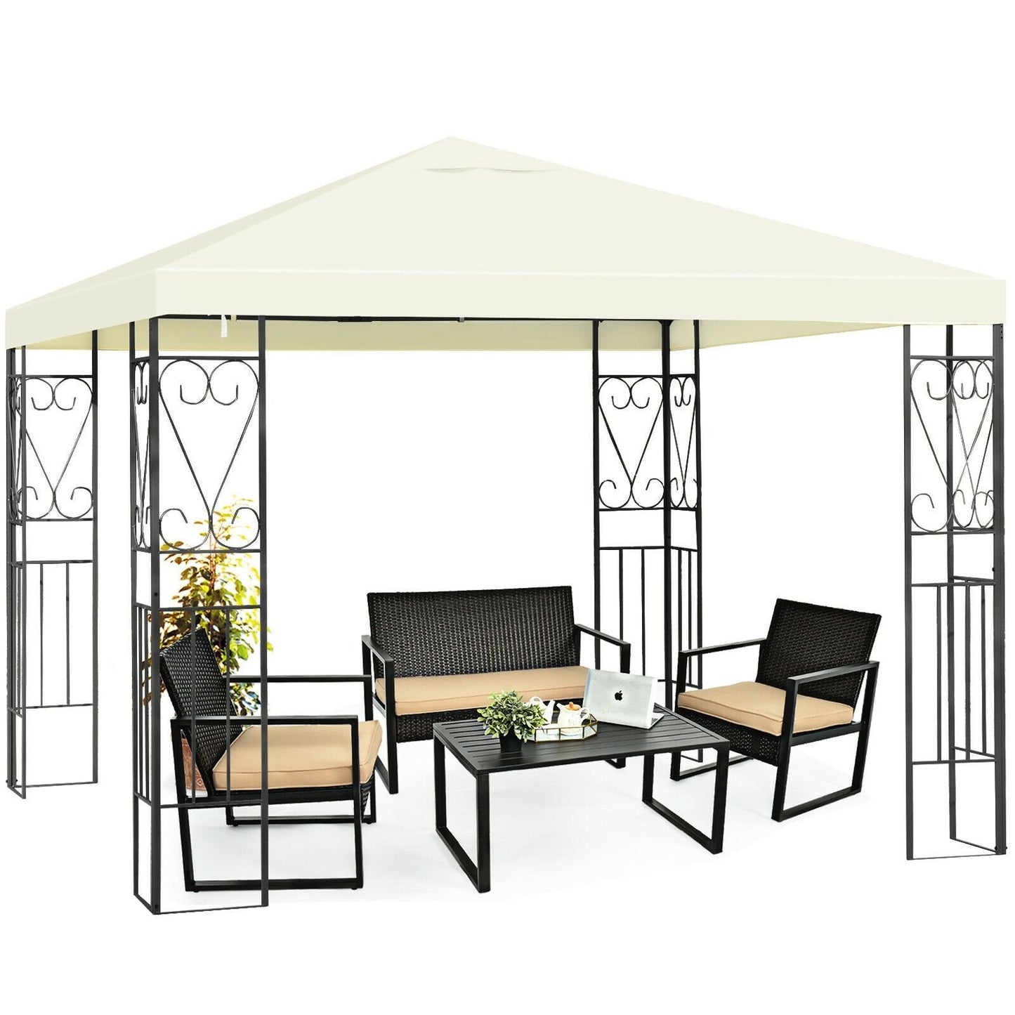 10 x 10 Feet Patio Gazebo Canopy Tent Garden Shelter, Beige Gazebos   at Gallery Canada