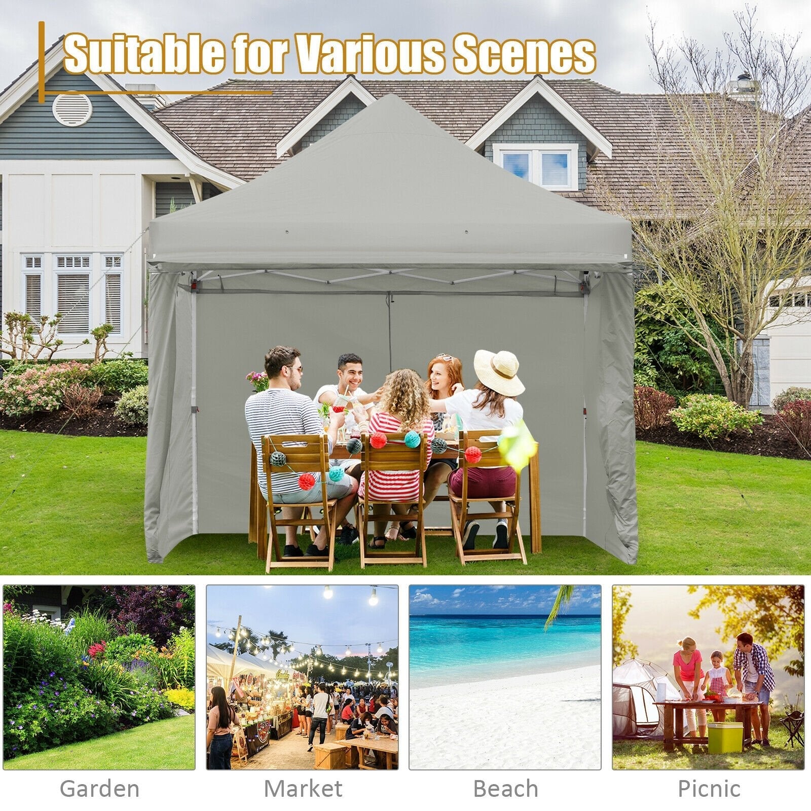 10 x 10 Feet Pop up Gazebo with 4 Height and Adjust Folding Awning, Gray Canopies   at Gallery Canada