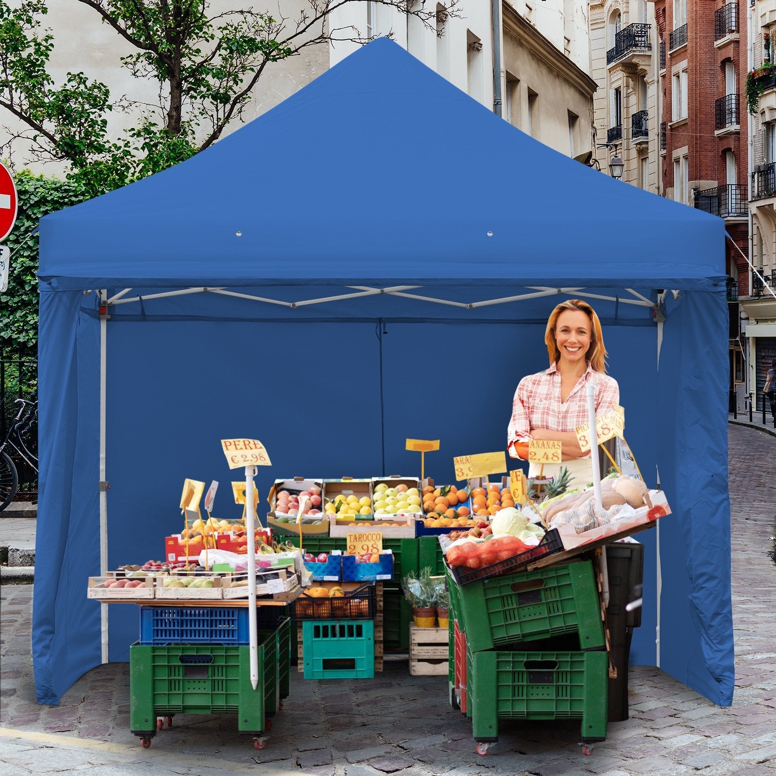 10 x 10 Feet Pop-up Gazebo with 5 Removable Zippered Sidewalls and Extended Awning, Blue Canopies   at Gallery Canada