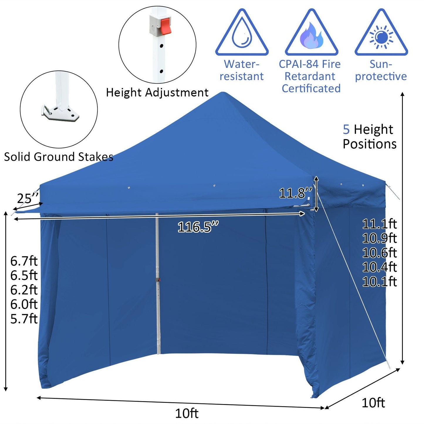 10 x 10 Feet Pop-up Gazebo with 5 Removable Zippered Sidewalls and Extended Awning, Blue Canopies   at Gallery Canada