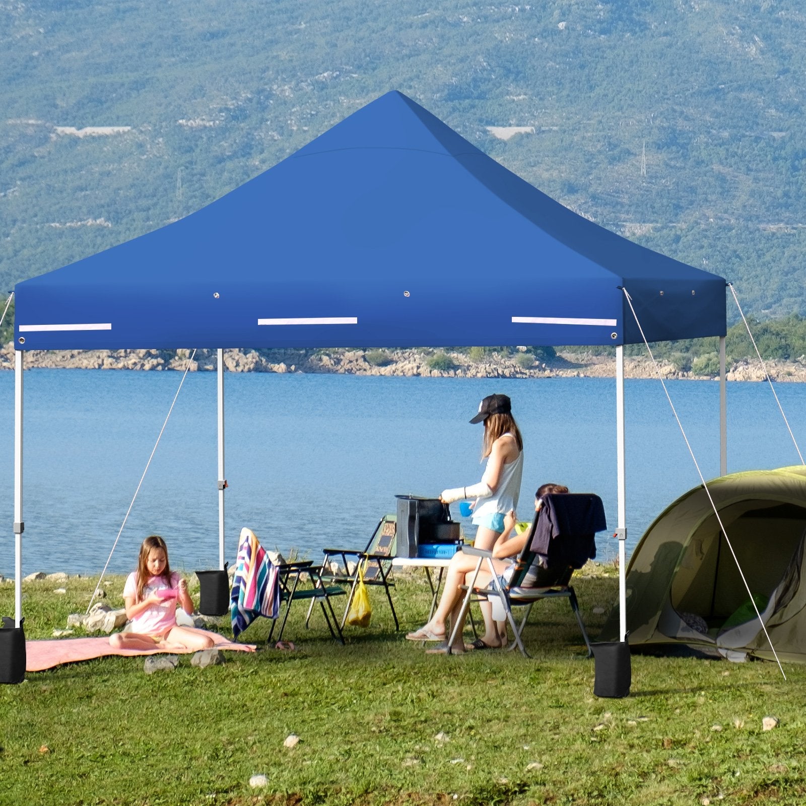 10 x 10 Feet Pop-up Gazebo with 5 Removable Zippered Sidewalls and Extended Awning, Blue Canopies   at Gallery Canada