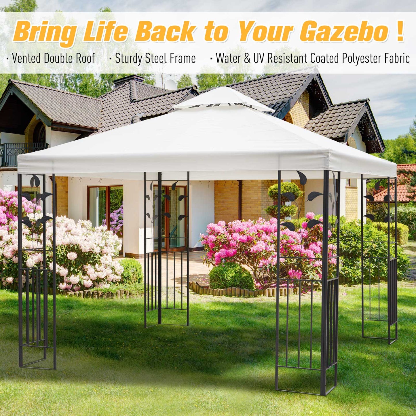 10' x 10' Outdoor Garden Metal Gazebo Patio Canopy Marquee Patio Party Tent Canopy Shelter Vented Roof Decorative Frame, Cream Gazebos   at Gallery Canada