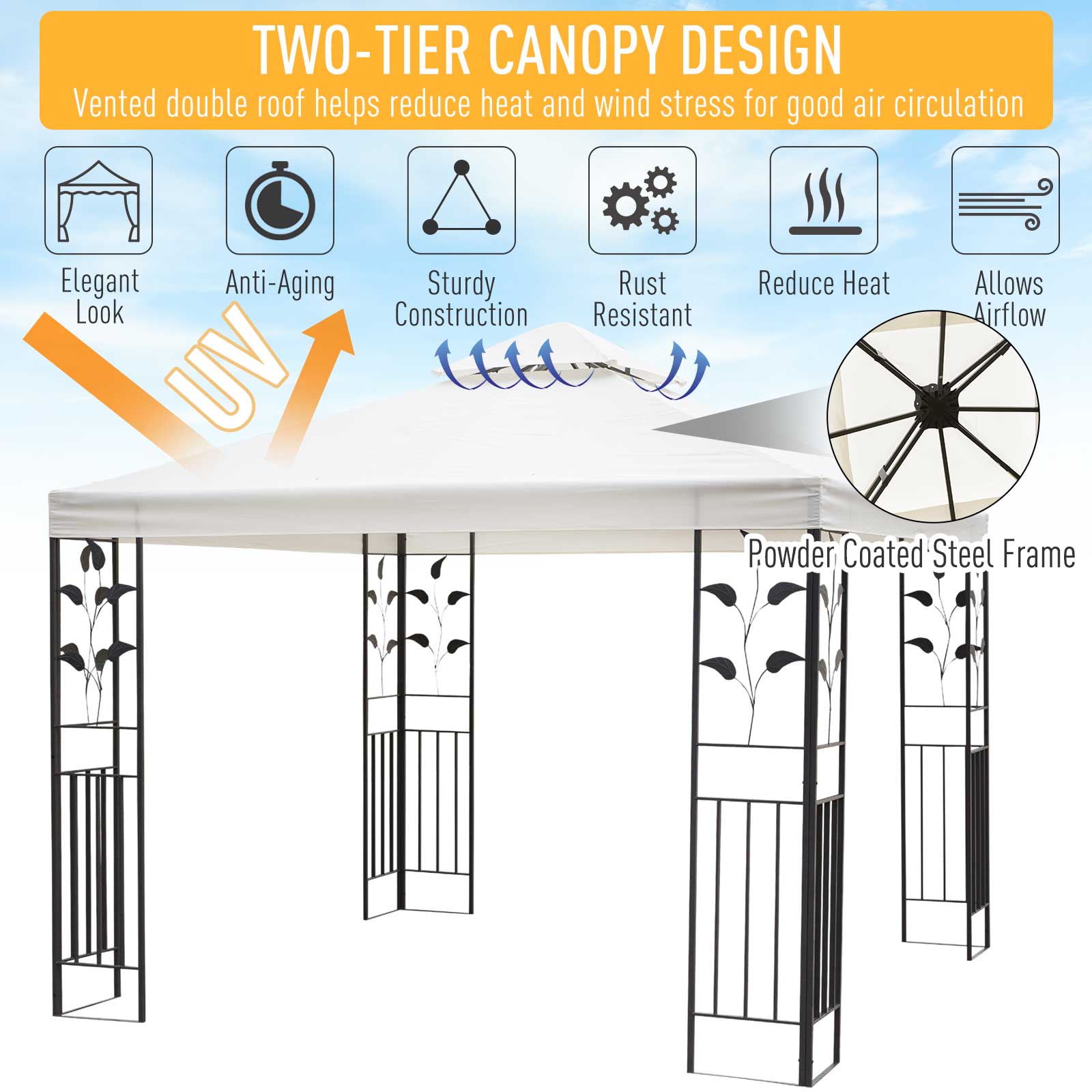 10' x 10' Outdoor Garden Metal Gazebo Patio Canopy Marquee Patio Party Tent Canopy Shelter Vented Roof Decorative Frame, Cream Gazebos   at Gallery Canada