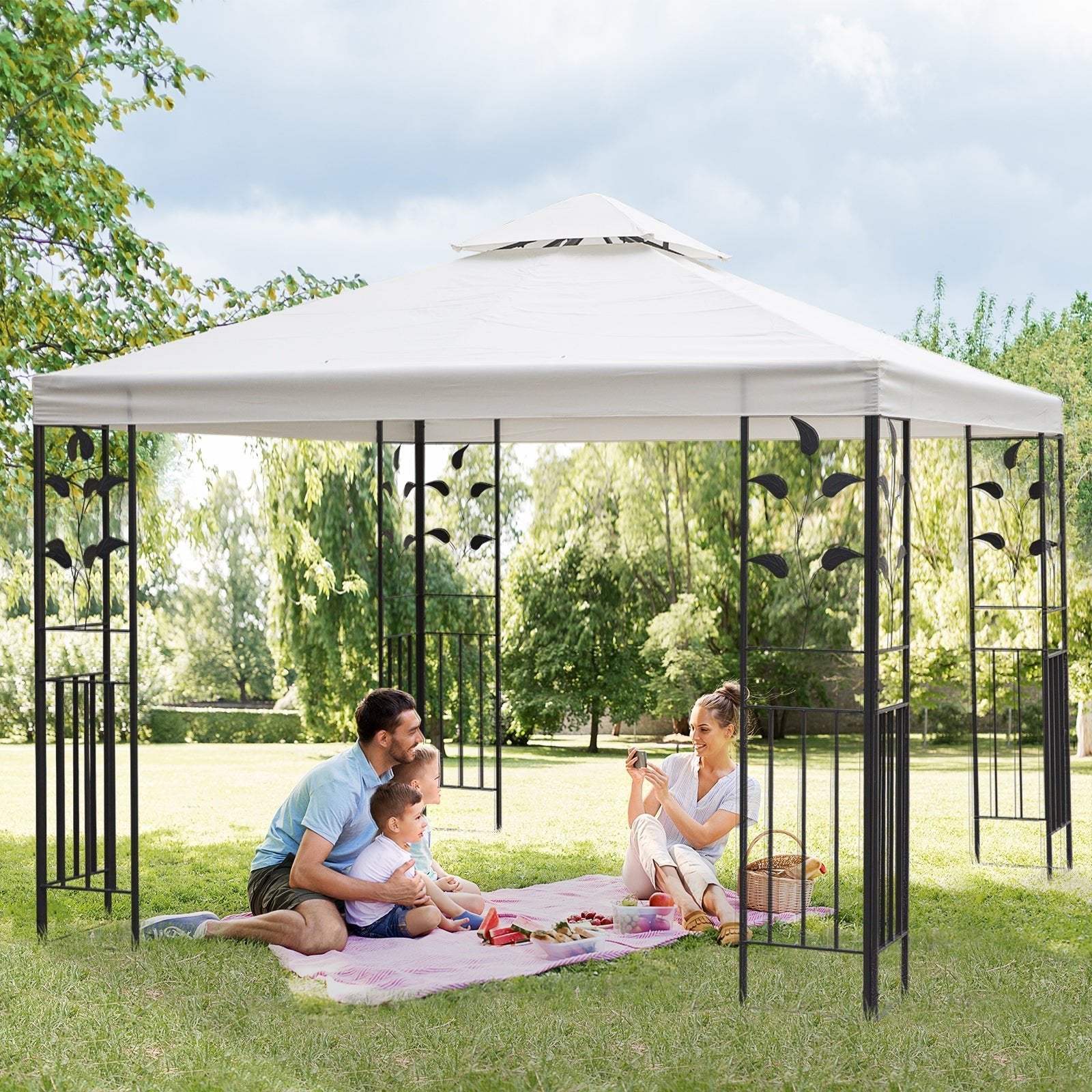 10' x 10' Outdoor Garden Metal Gazebo Patio Canopy Marquee Patio Party Tent Canopy Shelter Vented Roof Decorative Frame, Cream Gazebos   at Gallery Canada