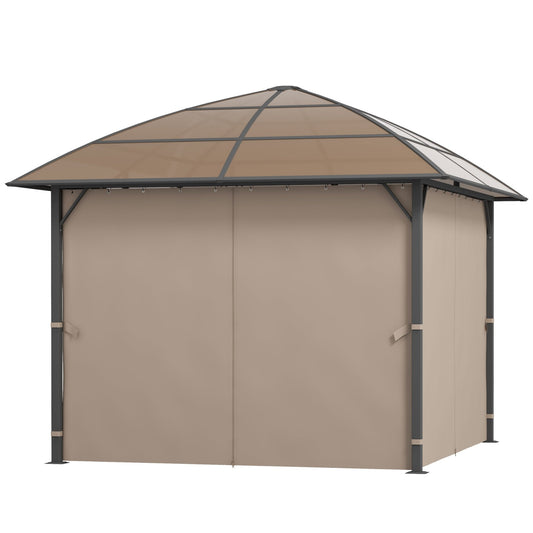 10' x 10' Outdoor Hardtop Gazebo Canopy with UV60+ Polycarbonate Roof, Steel Frame, Central Hook, Curtains, Khaki Gazebos   at Gallery Canada