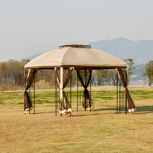 10' x 10' Outdoor Patio Gazebo Canopy with Double Tier Roof, Removable Mesh Nettings, Display Shelves, Beige Gazebos Beige  at Gallery Canada
