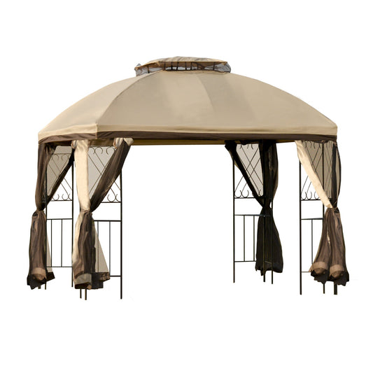 10' x 10' Outdoor Patio Gazebo Canopy with Double Tier Roof, Removable Mesh Nettings, Display Shelves, Beige Gazebos Beige  at Gallery Canada