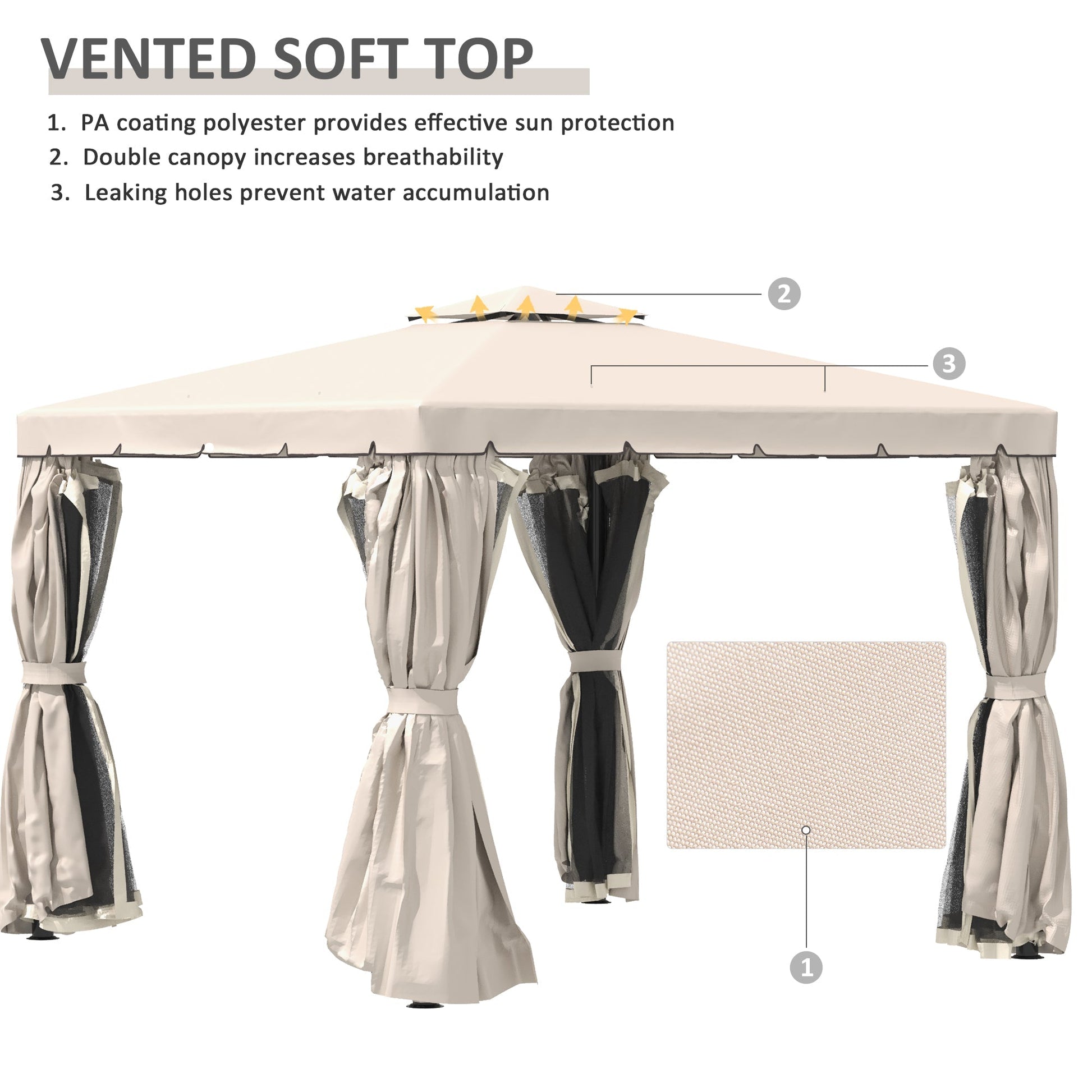 10' x 10' Outdoor Patio Gazebo Double Soft-top Garden Shelter Tent with Beautiful Polyester Curtains, &; Mesh Screen Drapes, Cream White Gazebos   at Gallery Canada