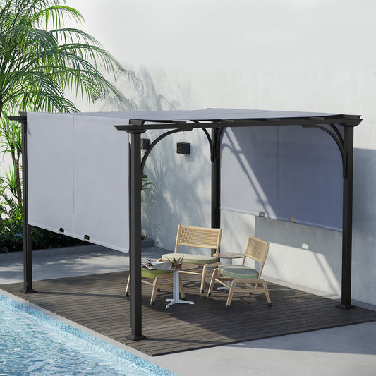 10' x 10' Outdoor Pergola Patio Gazebo Retractable Canopy Sun Shelter, Steel Frame, Grey - Gallery Canada