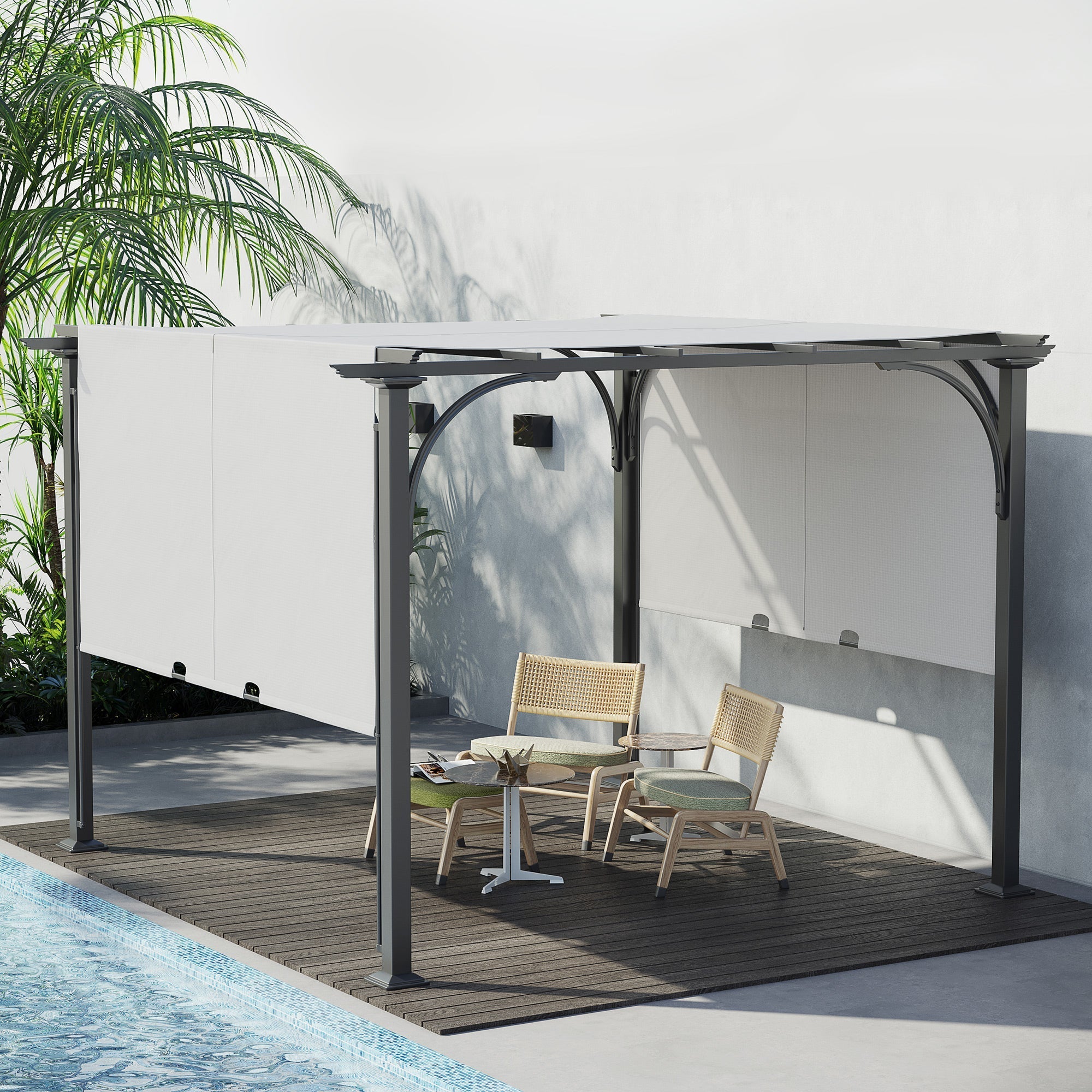 10' x 10' Outdoor Pergola Patio Gazebo Retractable Canopy Sun Shelter, Steel Frame, White Pergolas   at Gallery Canada