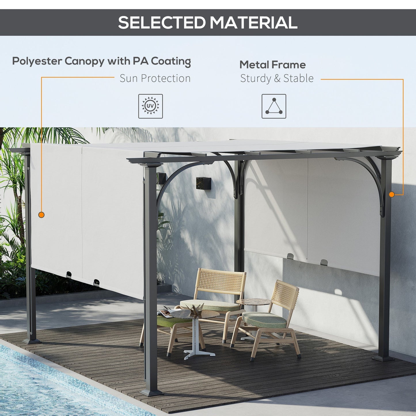 10' x 10' Outdoor Pergola Patio Gazebo Retractable Canopy Sun Shelter, Steel Frame, White Pergolas   at Gallery Canada