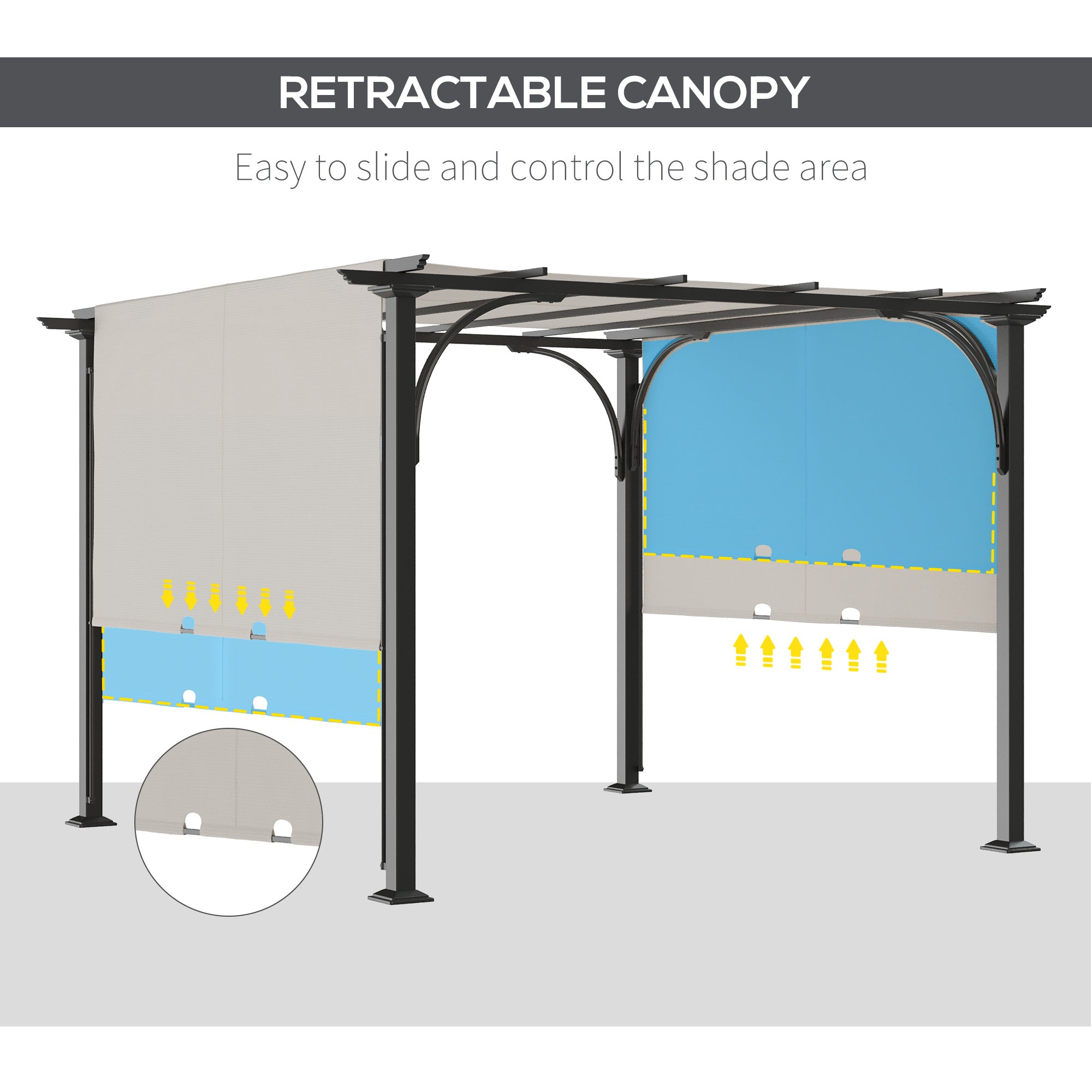 10' x 10' Outdoor Pergola Patio Gazebo Retractable Canopy Sun Shelter, Steel Frame, White Pergolas   at Gallery Canada