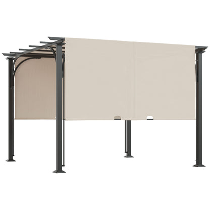 10' x 10' Outdoor Pergola Patio Gazebo Retractable Canopy Sun Shelter with Steel Frame, Beige Pergolas   at Gallery Canada