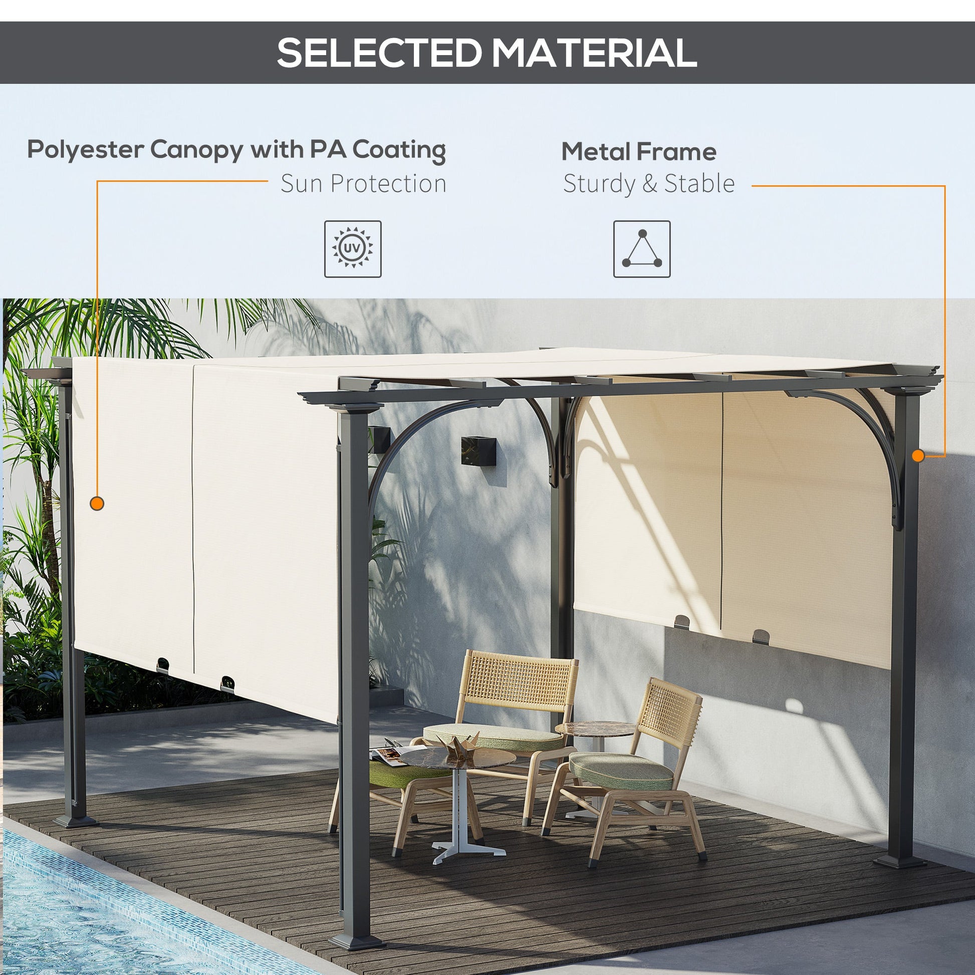 10' x 10' Outdoor Pergola Patio Gazebo Retractable Canopy Sun Shelter with Steel Frame, Beige Pergolas   at Gallery Canada