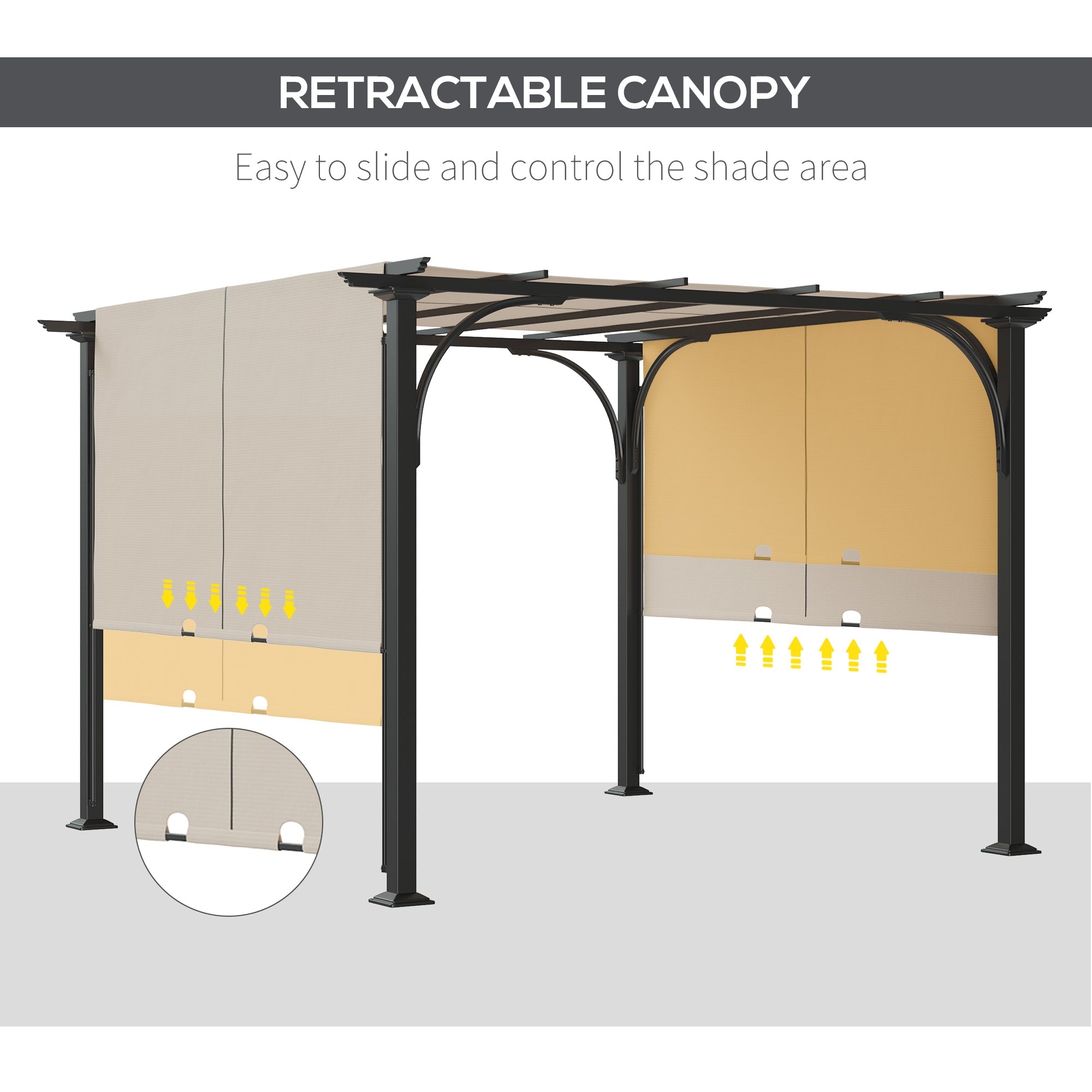 10' x 10' Outdoor Pergola Patio Gazebo Retractable Canopy Sun Shelter with Steel Frame, Beige Pergolas   at Gallery Canada