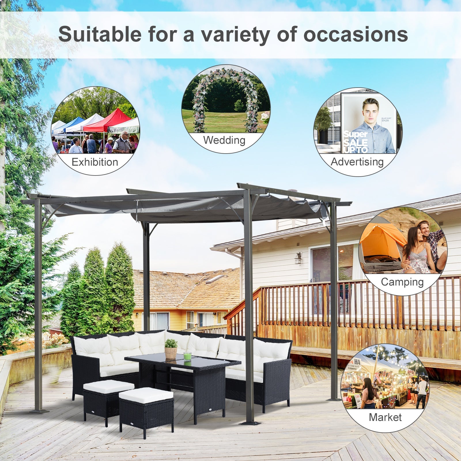 10' x 10' Outdoor Retractable Pergola Canopy, Metal Patio Shade Shelter for Backyard, Porch Party, Garden, Grill Gazebo, Grey Pergolas   at Gallery Canada