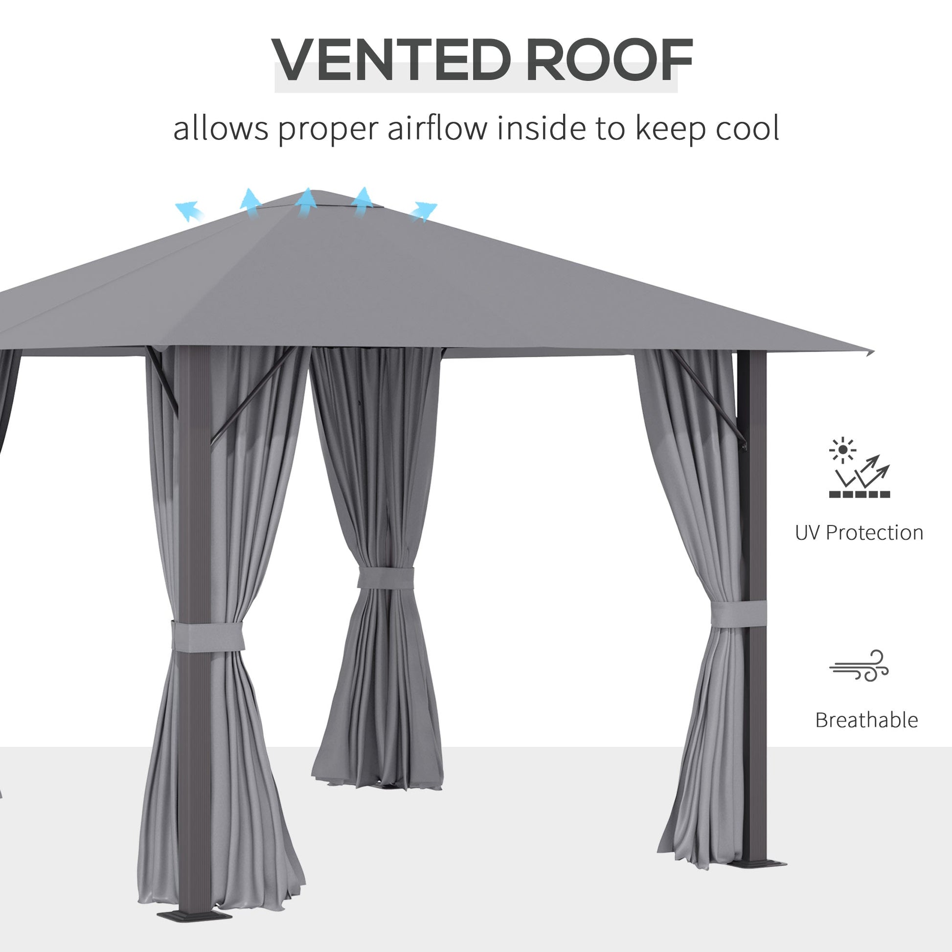 10' x 10' Patio Gazebo Outdoor Aluminum Frame Canopy Shelter with Curtains, Vented Roof for Garden, Lawn, Backyard and Deck, Grey Gazebos   at Gallery Canada