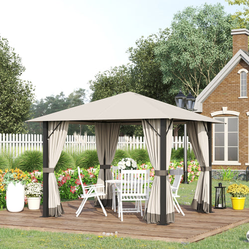 10' x 10' Patio Gazebo Outdoor Aluminum Frame Canopy Shelter with Curtains, Vented Roof for Garden, Lawn, Backyard and Deck, Khaki
