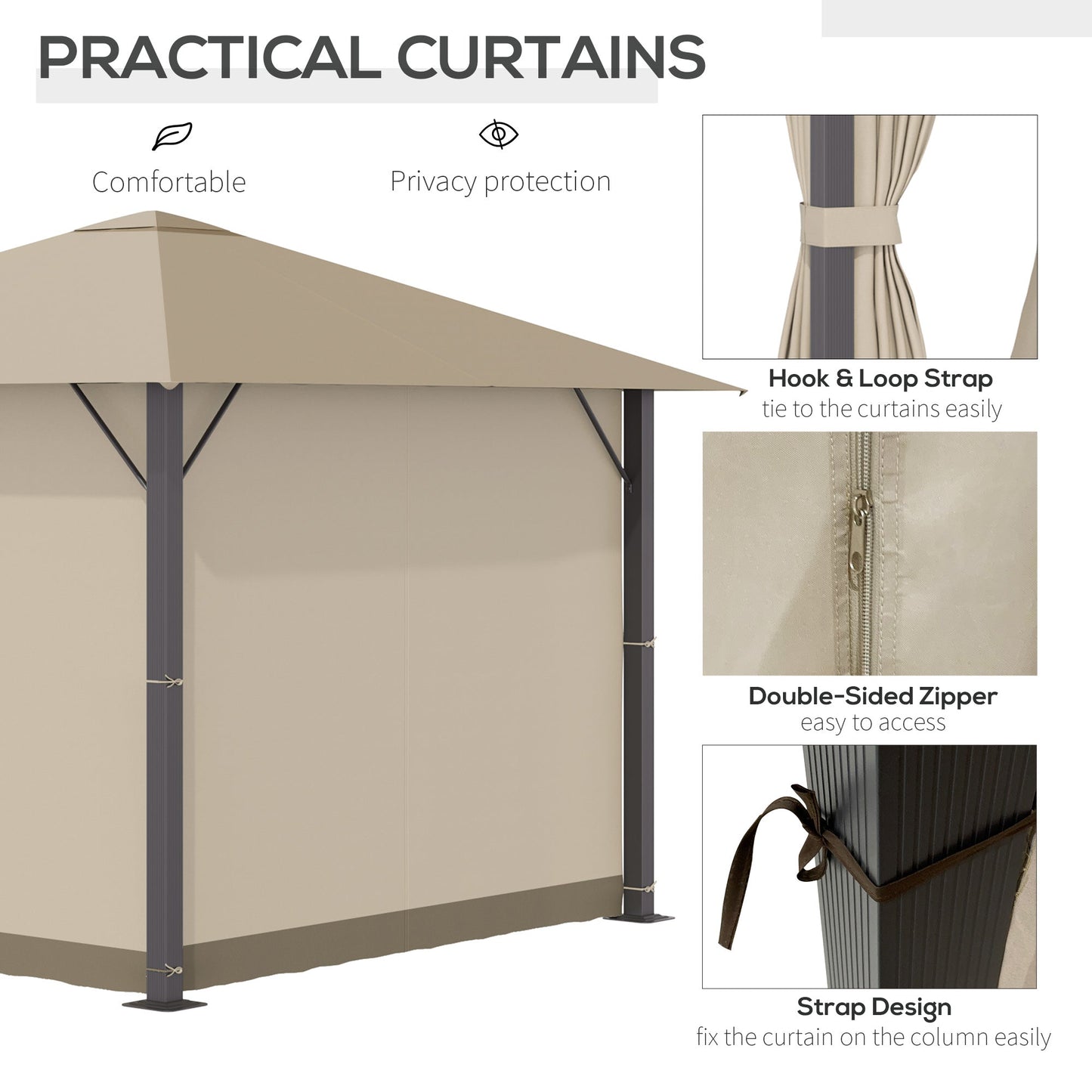 10' x 10' Patio Gazebo Outdoor Aluminum Frame Canopy Shelter with Curtains, Vented Roof for Garden, Lawn, Backyard and Deck, Khaki Gazebos   at Gallery Canada