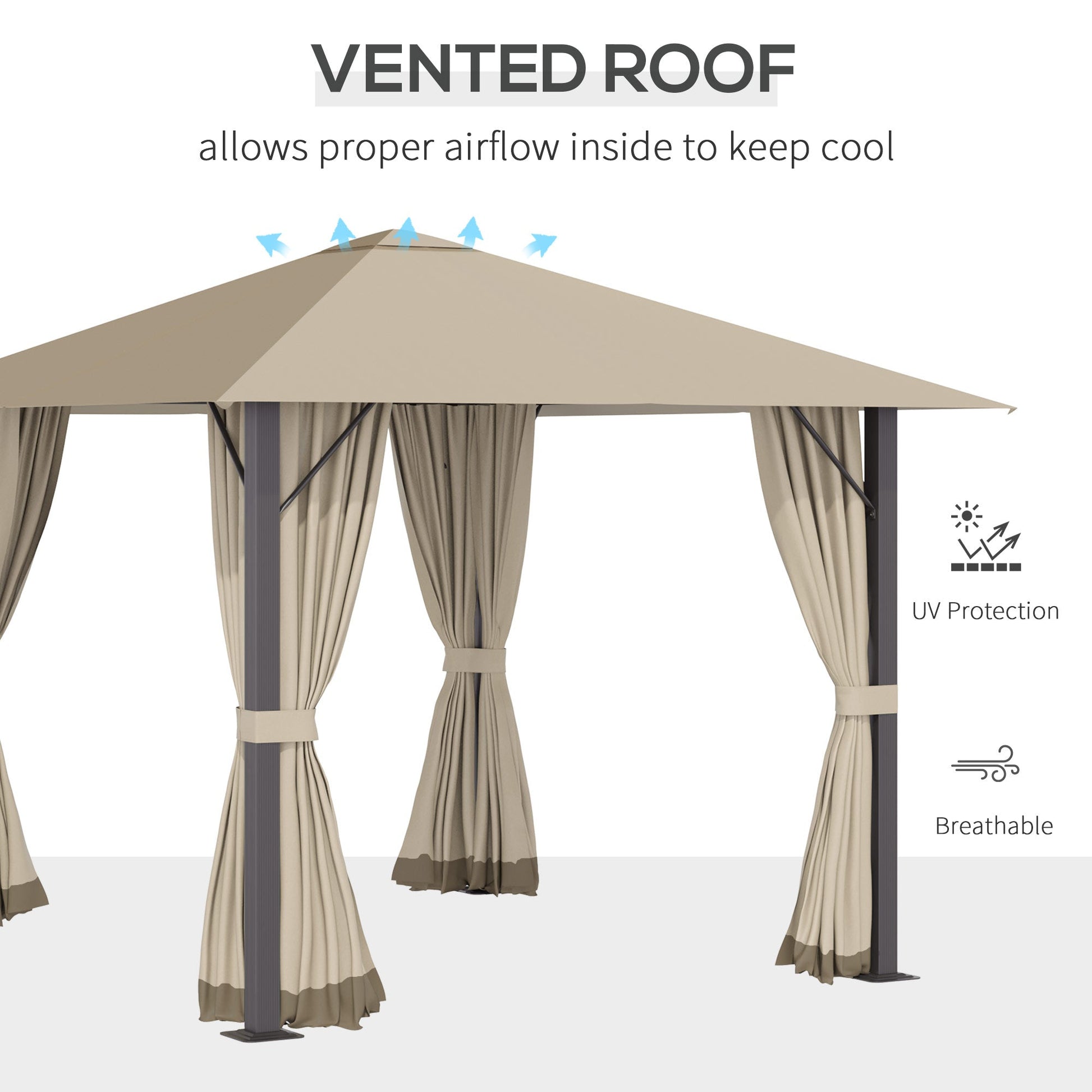 10' x 10' Patio Gazebo Outdoor Aluminum Frame Canopy Shelter with Curtains, Vented Roof for Garden, Lawn, Backyard and Deck, Khaki Gazebos   at Gallery Canada