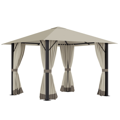 10' x 10' Patio Gazebo Outdoor Aluminum Frame Canopy Shelter with Curtains, Vented Roof for Garden, Lawn, Backyard and Deck, Khaki