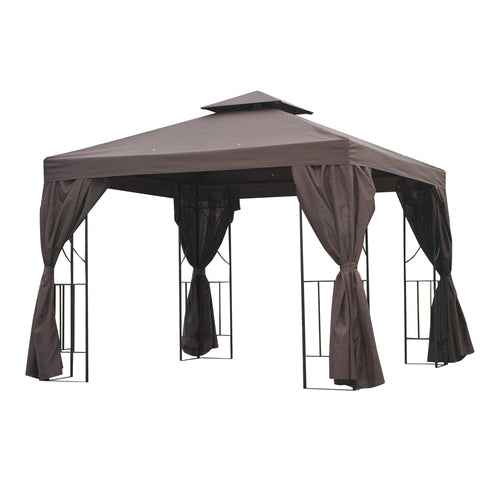 10' x 10' Patio Gazebo Outdoor, Canopy Shelter with Double-tier Roof, Pavilion Sidewalls for Garden Events, Brown