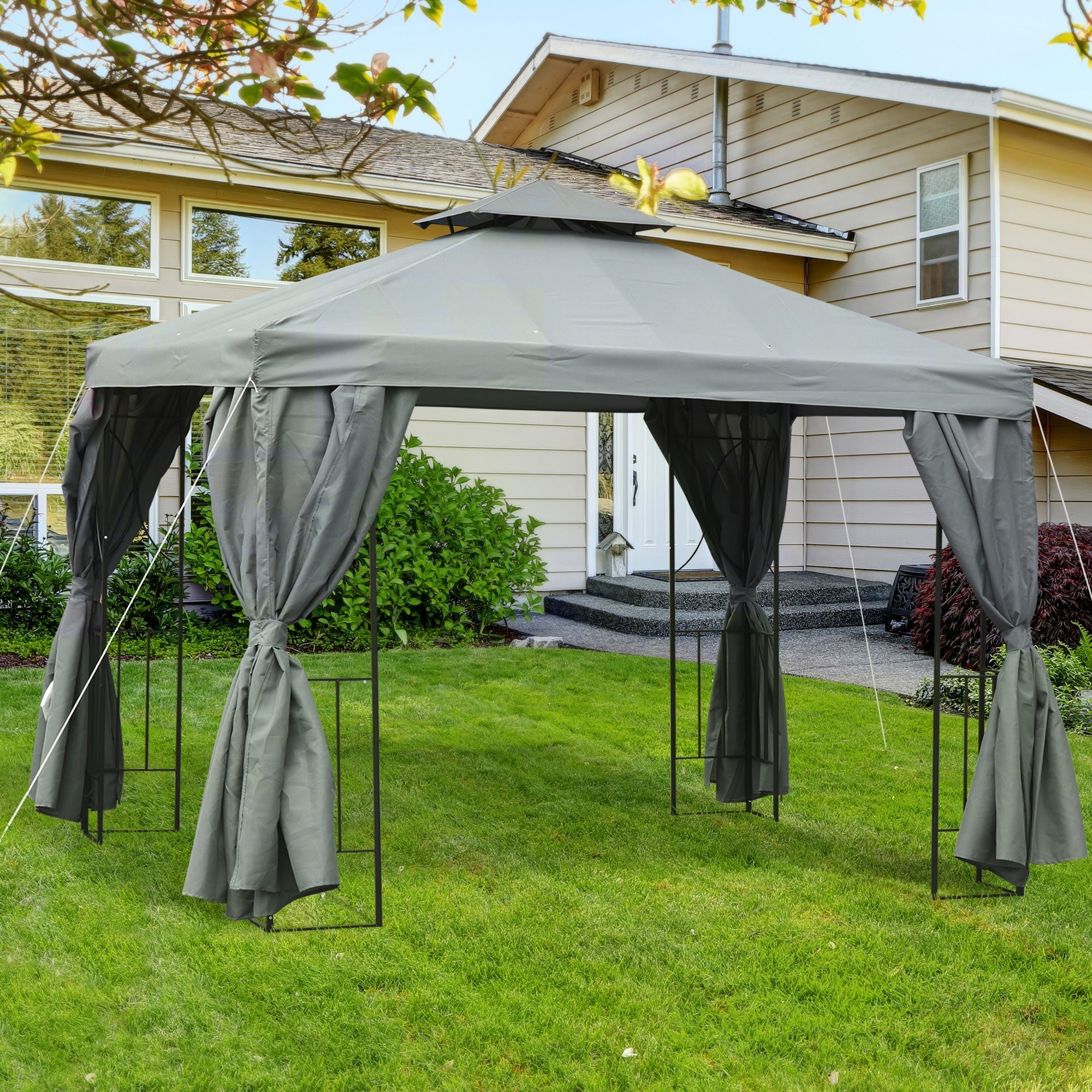 10' x 10' Patio Gazebo Outdoor, Canopy Shelter with Double-tier Roof, Pavilion Sidewalls for Garden Events, Dark Grey Gazebos   at Gallery Canada