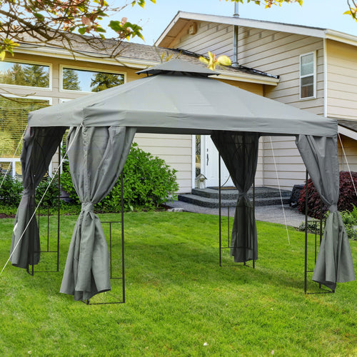 10' x 10' Patio Gazebo Outdoor, Canopy Shelter with Double-tier Roof, Pavilion Sidewalls for Garden Events, Dark Grey