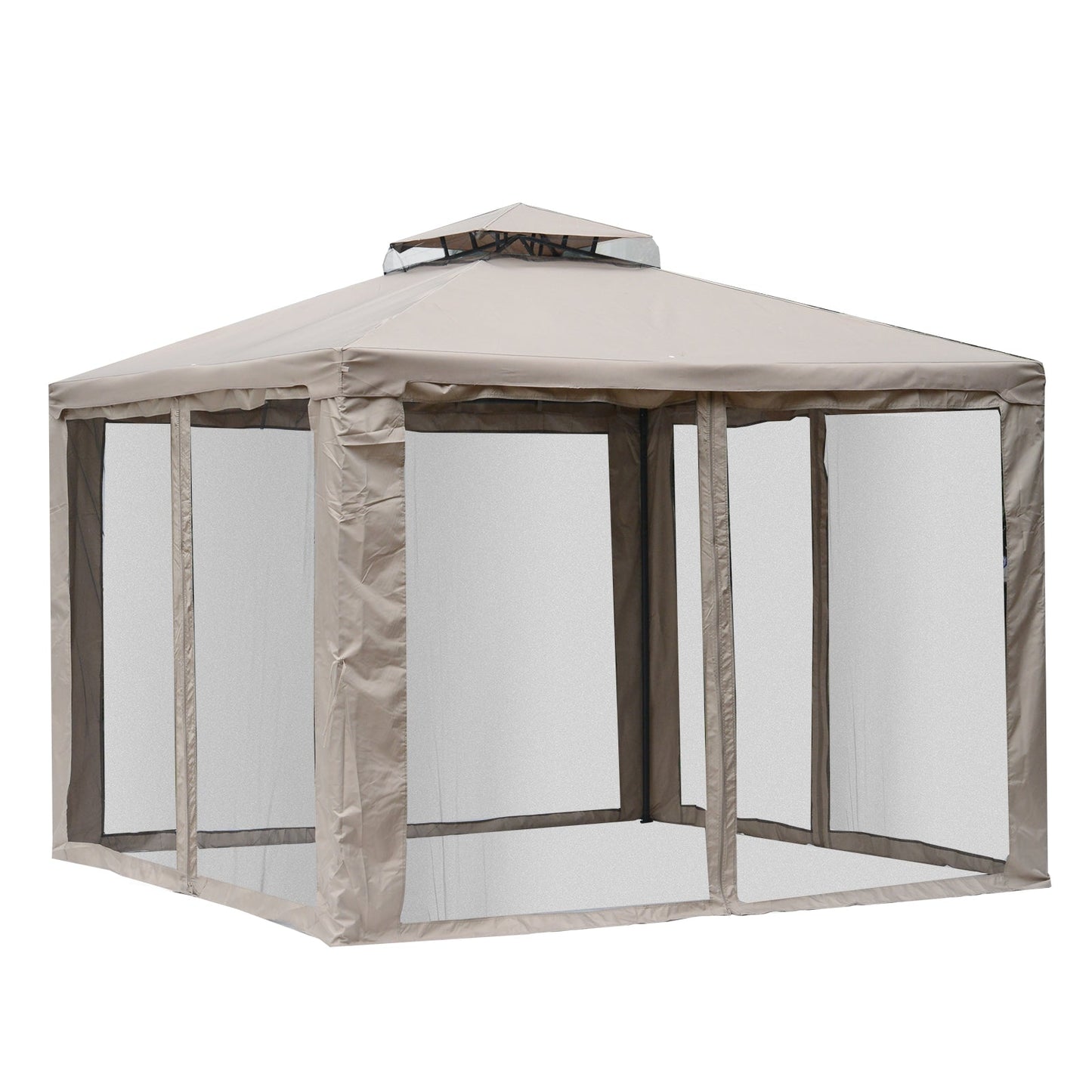 10' x 10' Patio Gazebo Outdoor Pavilion 2 Tire Roof Canopy Shelter Garden Event Party Tent Yard Sun Shade Steel Frame w/ Mosquito Netting, Brown Gazebos Taupe  at Gallery Canada