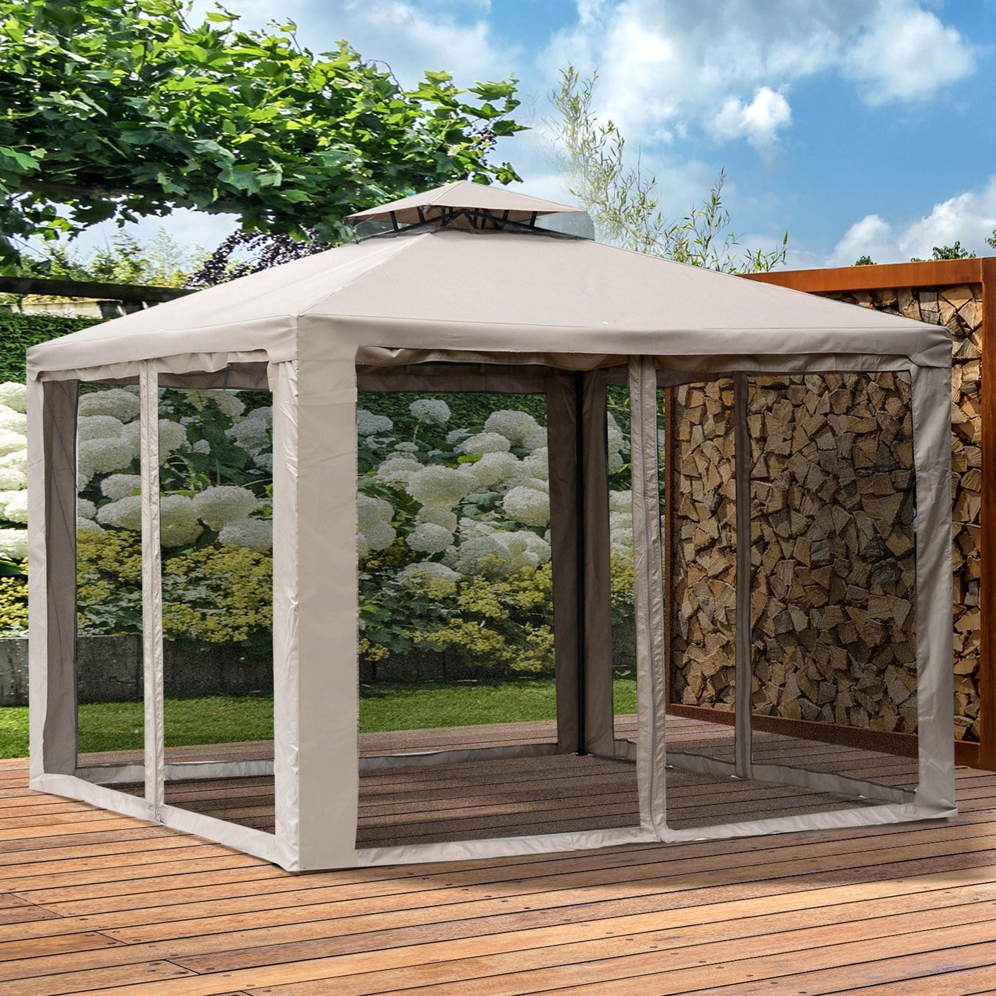 10' x 10' Patio Gazebo Outdoor Pavilion 2 Tire Roof Canopy Shelter Garden Event Party Tent Yard Sun Shade Steel Frame w/ Mosquito Netting, Brown Gazebos   at Gallery Canada