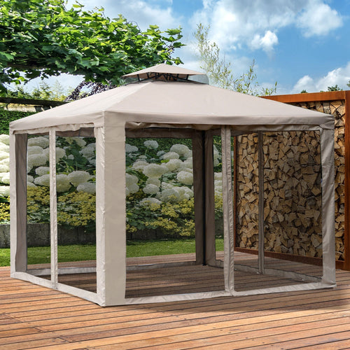 10' x 10' Patio Gazebo Outdoor Pavilion 2 Tire Roof Canopy Shelter Garden Event Party Tent Yard Sun Shade Steel Frame w/ Mosquito Netting, Brown