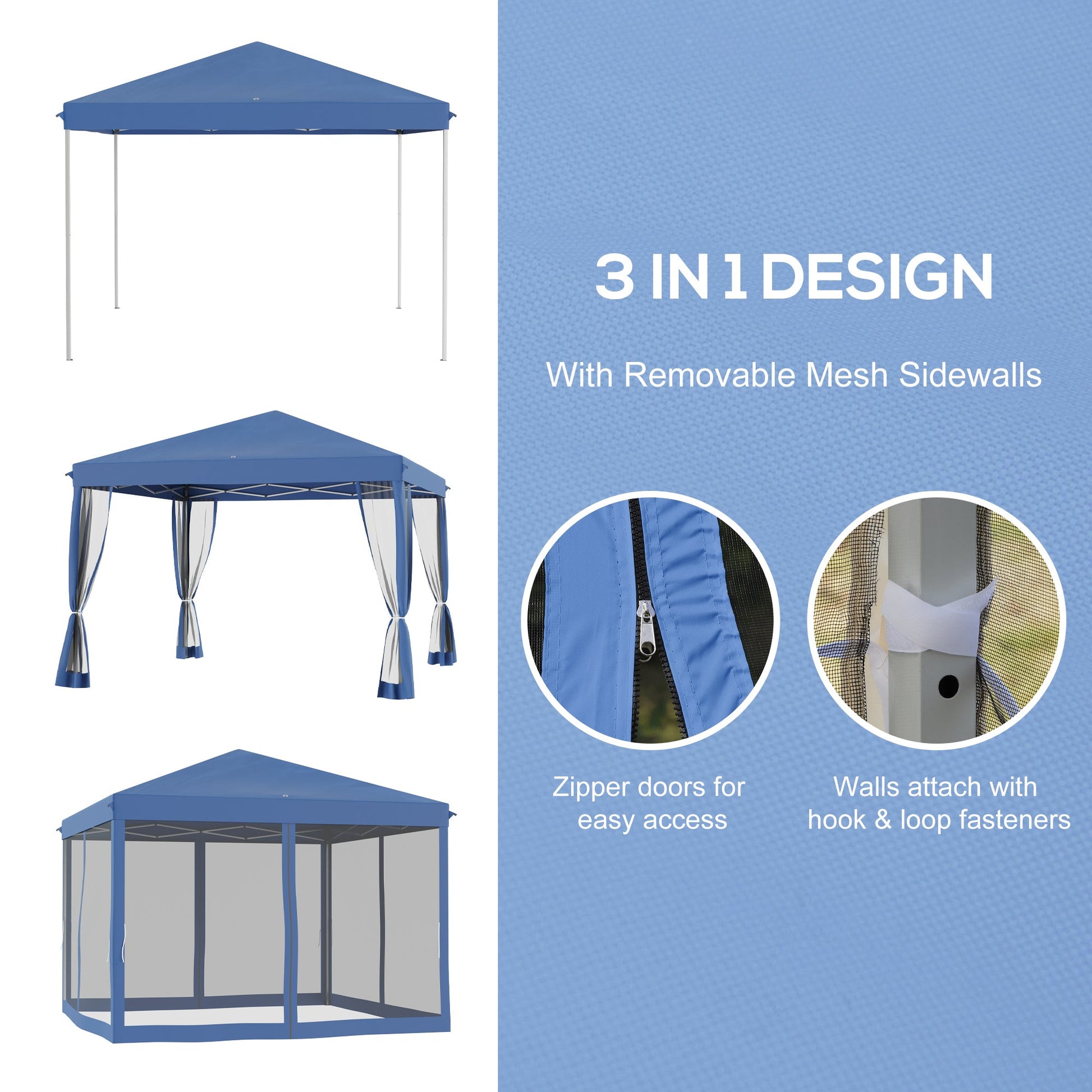 10' x 10' Pop Up Canopy Tent Gazebo with Removable Mesh Sidewall Netting, Carry Bag for Backyard Patio Outdoor, Blue Pop Up Canopies   at Gallery Canada