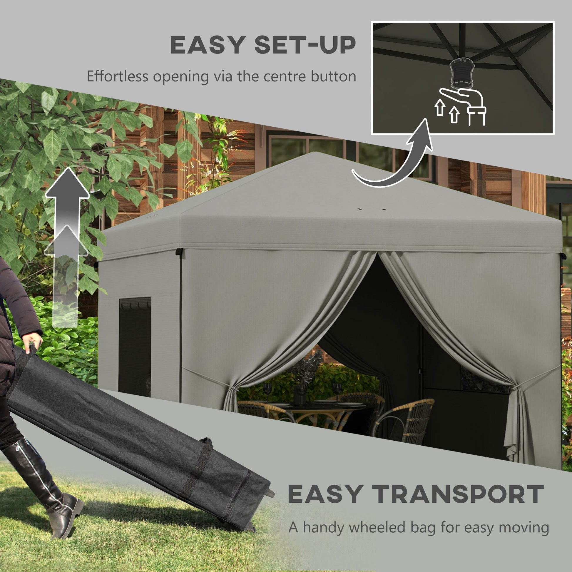 10' x 10' Pop Up Canopy Tent, Instant Sun Shelter, with Wheeled Bag and Mesh Windows, Height Adjustable, Light Grey Pop Up Canopies   at Gallery Canada