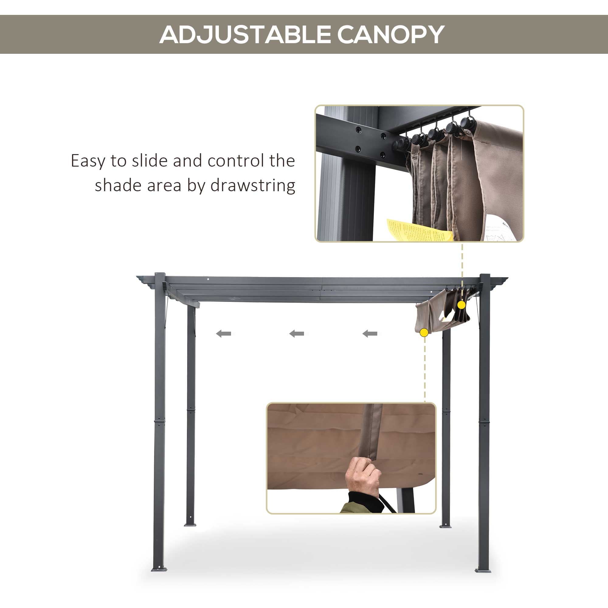 10' x 10' Retractable Roof Pergola, Patio Aluminium Pergola, Grape Trellis Sunshade Shelter, Grey Frame,Coffee Brown Pergolas   at Gallery Canada