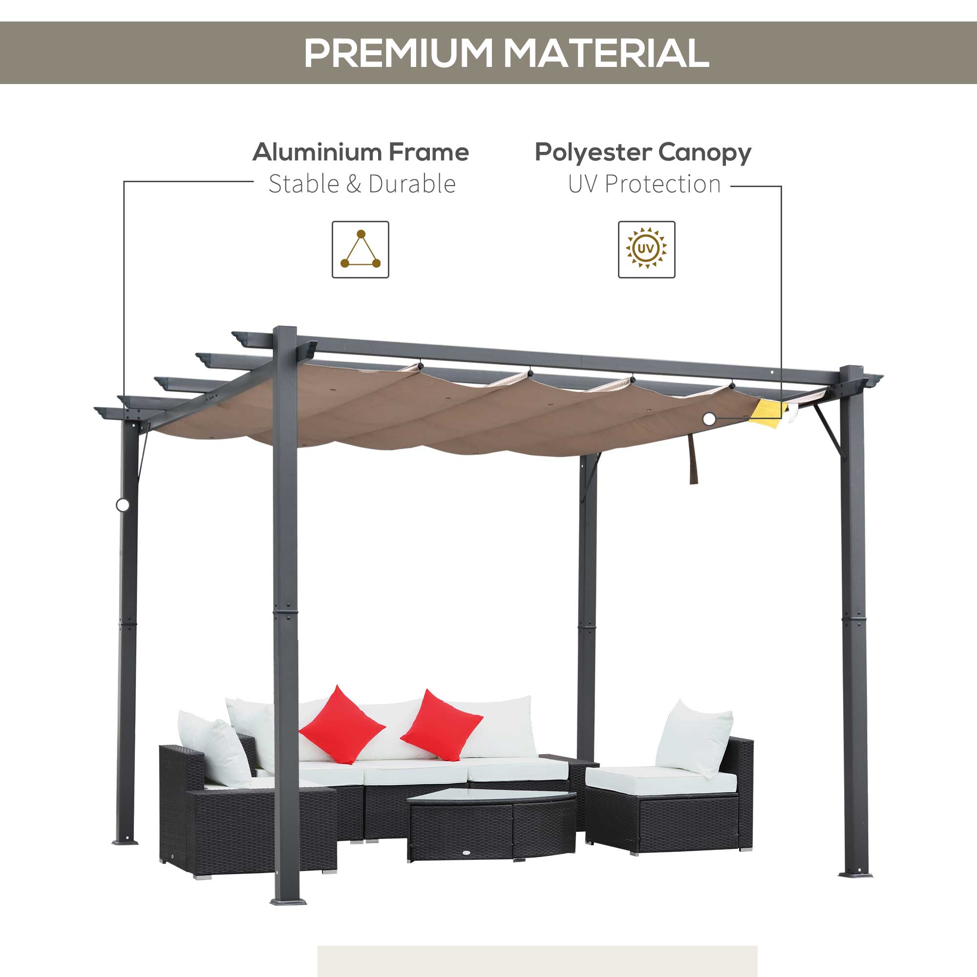 10' x 10' Retractable Roof Pergola, Patio Aluminium Pergola, Grape Trellis Sunshade Shelter, Grey Frame,Coffee Brown Pergolas   at Gallery Canada