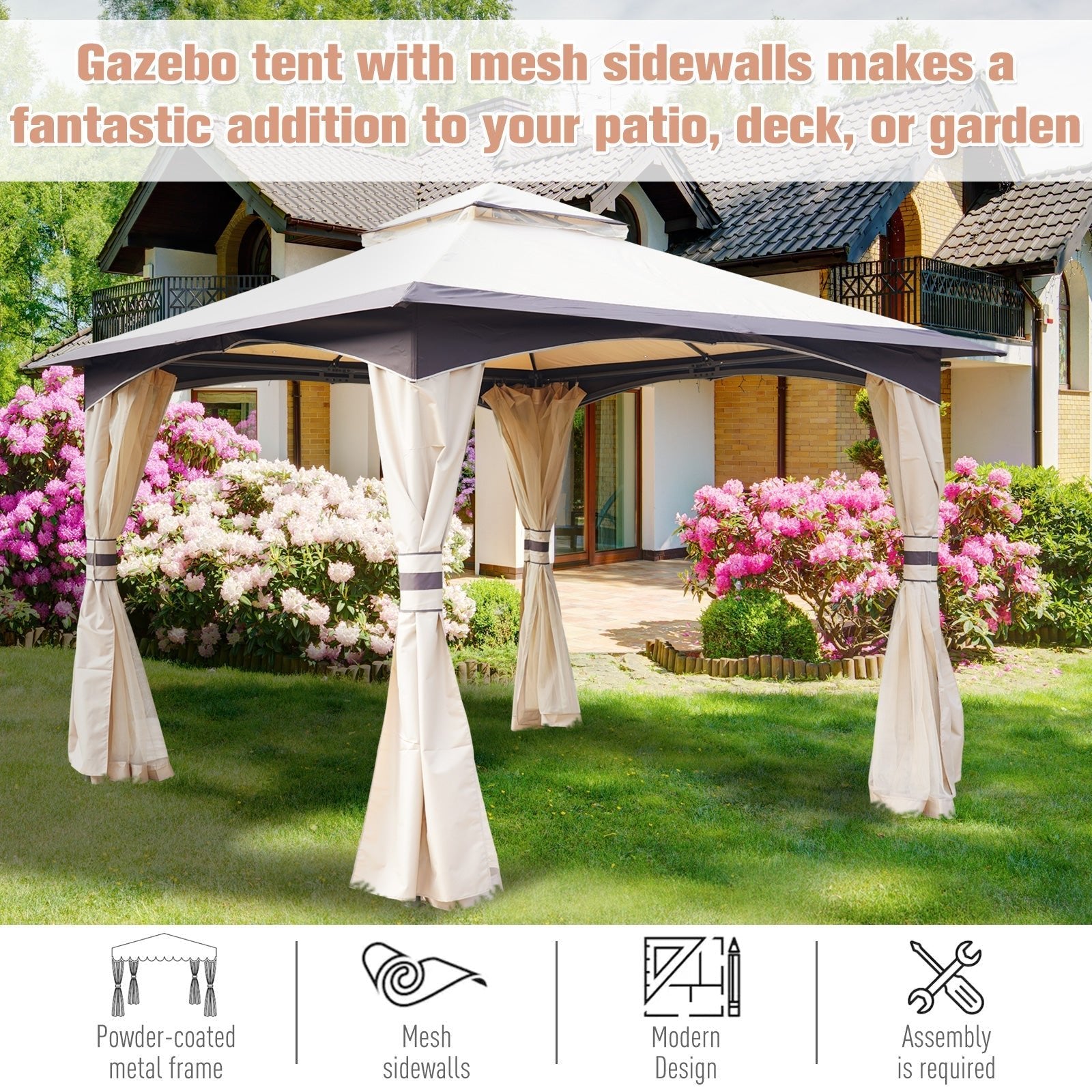 10' x 10' Soft Top Gazebo Canopy Tent w/ Double Roof, Eaves Design and Mesh Netting Sidewall Outdoor Patio Large Garden Gazebos   at Gallery Canada