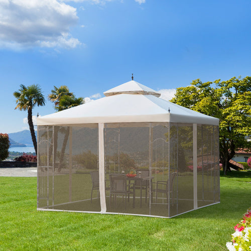 10' x 10' Steel Outdoor Patio Gazebo Canopy with Removable Mesh Curtains, Display Shelves, &; Steel Frame, Beige