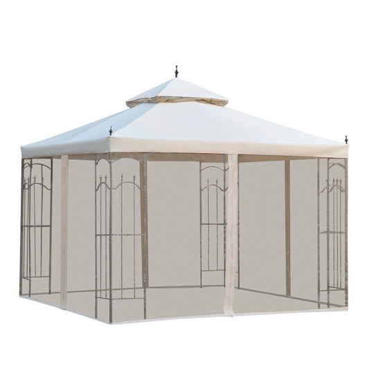 10' x 10' Steel Outdoor Patio Gazebo Canopy with Removable Mesh Curtains, Display Shelves, &; Steel Frame, Beige Gazebos Beige  at Gallery Canada