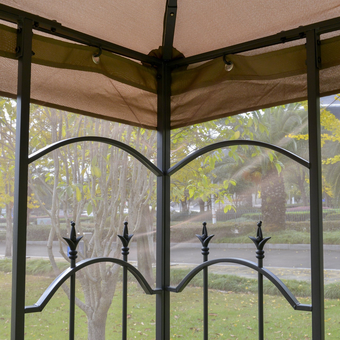 10' x 10' Steel Outdoor Patio Gazebo Canopy with Removable Mesh Curtains, Display Shelves, &; Steel Frame, Brown Gazebos   at Gallery Canada